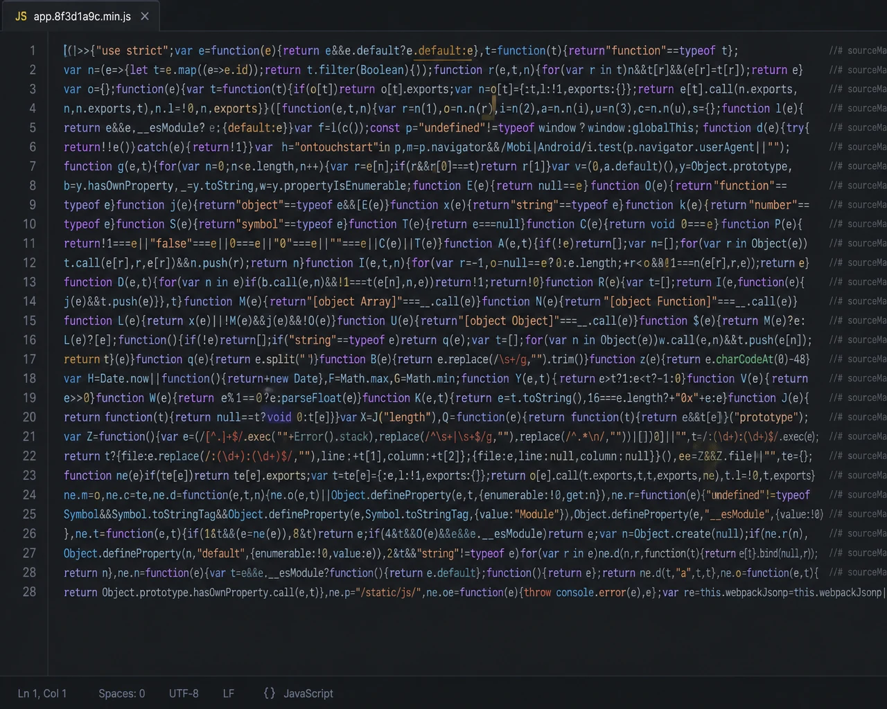 Illustrative minified JavaScript bundle with mangled variables and dense generated code