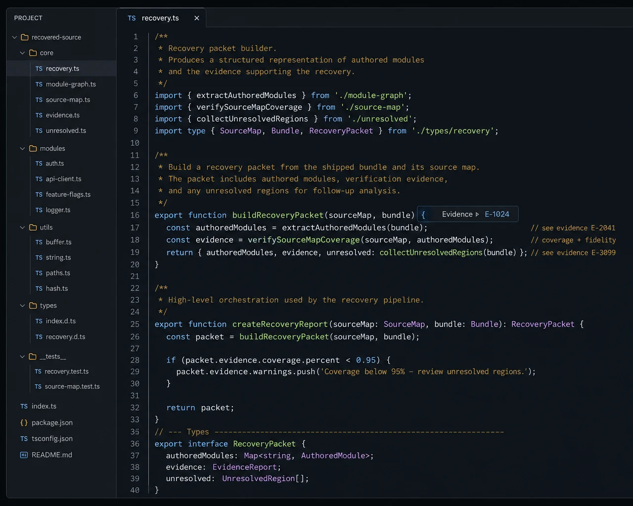 Illustrative readable recovered source with structured modules and named functions